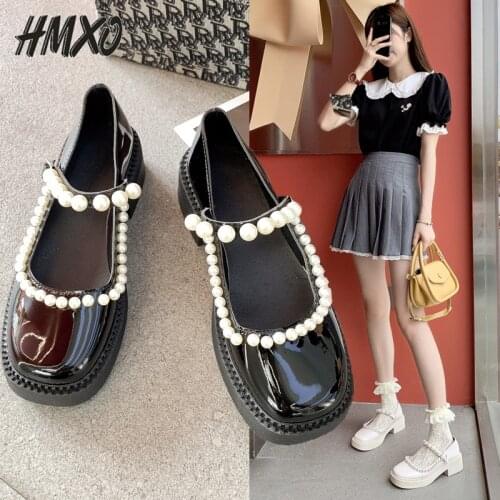 HMXO Pearl Patent Leather Shoes Platform British Female Shoes OneWord Buckle Square Toe Pearl Heel French Gentle Scoop Jk Shoes