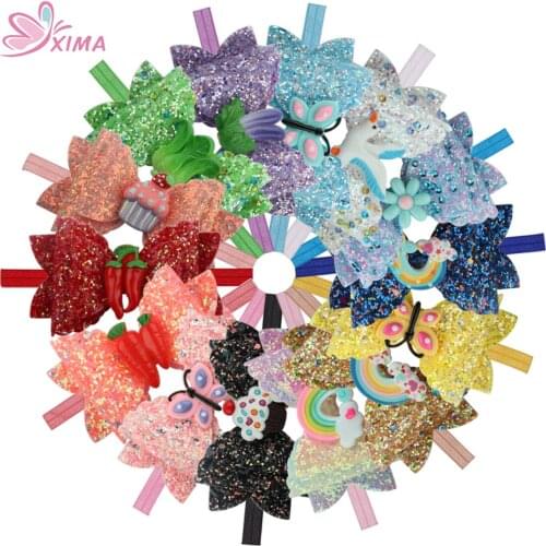 XIMA 14pcs/lot 3.5''Glitter Hair Bows Elastic Headband Double Layer Butterfly Bows Girls Hairband Princess Hair Accessories