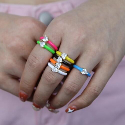 Candy Colorful Rainbow Summer Hot Selling Jewelry Neon Enamel Gold Color Heart CZ Ring