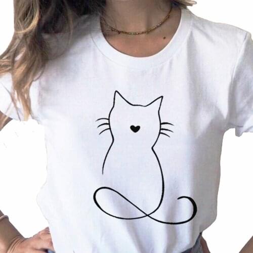 Cat 2021 Lovely Animal Fashion Tops print ladies T-shirt ladies casual basis O-collar white shirt short sleeve T-shirt,Drop Ship