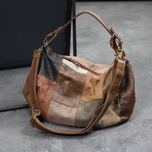 2121 Women Genuine Leather Handbag Retro Cowhide Color Matching Shoulder Crossbody Bag Simple Casual Canvas Messenger Tote Sac