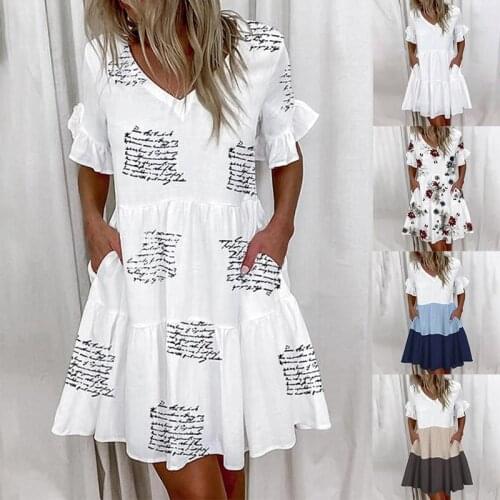 Women 2021 Summer V-Neck Dress Fashion Floral Print Short Sleeve Pockets Dress Ladies Plus Size Casual Beach Ruffles Mini Dress