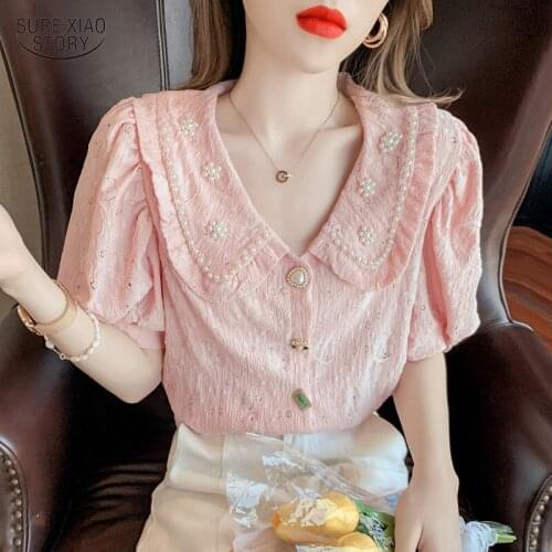 Women Tops Korean Beading Peter Pan Collar Shirts Vintage Short Puff Sleeve Summer Blouses Loose Kawaii Clothing Blusas 15132