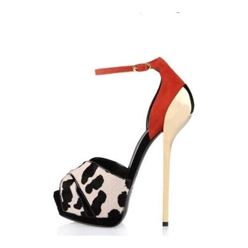 Sexy Leopard Suede Leather Gold Metal Heel Pump Peep Toe Ankle Strap Cut-out Women Dress Shoes High Platform Women Pumps