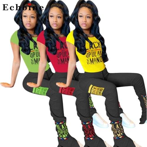 Women Letter Printed Fashion Casual Suit Two-Piece Set Ladies Street T-Shirt Bell-Bottom Long Pants Sports Active Chic Tracksuit