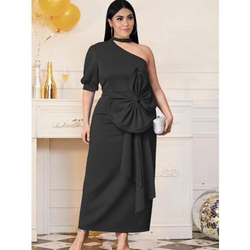 One Shoulder Sexy Dresses Plus Size 4XL Short Sleeve Midi Length Bodycon Women Eveing Birthday Party Robes with Bowtie 2021 New