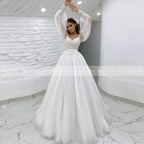Illusion Soft Tulle Wedding Dresses V-Neck Long Puff Sleeve Lace Appliques Boho Bride Dress 2021 Ball Gown vestidos de novia