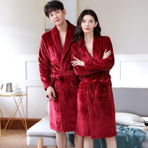 Wine Red Women Winter Coral Fleece Kimono Gown Home Robe Thick Warm Lounge Nightwear Cute Couple Lovers Sleepwear Men Bathrobe