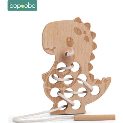 1Set Wooden Threading Board Toy Beech Wooden Dinosaur Educational Fingers Flexible Training Montessori Early Learning for Baby