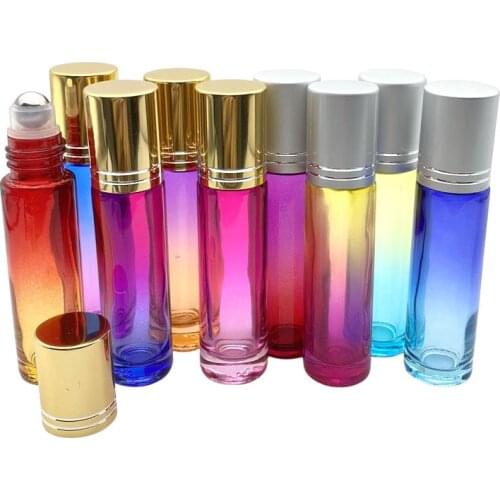 10pcs 10ml Gradient Color Thick Glass Empty Roll On Bottle Perfume 10cc Roller Ball Durable For Travel Essential Oil Vial