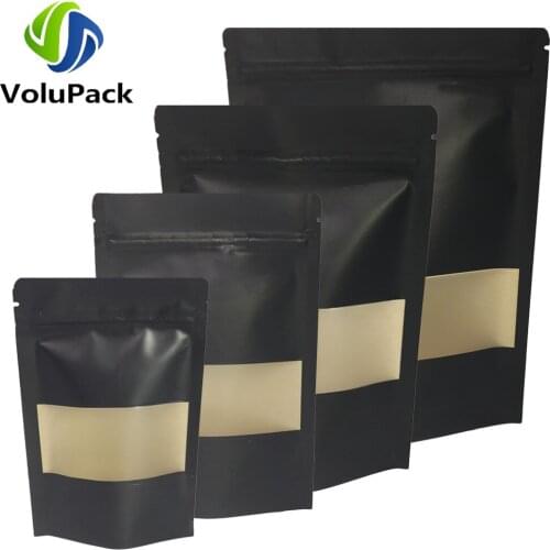100pcs Smell Proof Kraft Paper Packaging Bags Ziplock Bags Matte Black Tear Notch Pouches Nut Food Organizer Bags W/Clear Window