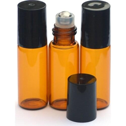 5pcs Empty 5ml Amber Roll-On Glass Bottle Fragrance Perfume Essential Oil Bottle With Black Plastic Cap