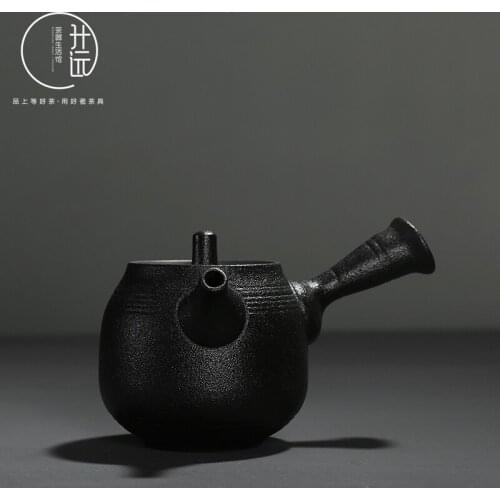 Black crude pottery side pot handmade Japanese style Kung Fu tea set retro ceramics Puer tea maker teapot kettle ceremony