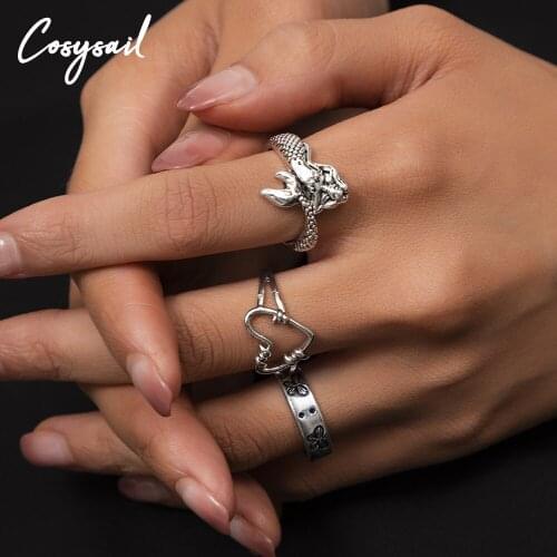Cosysail 3Pcs/Set Vintage Mermaid Heart Rings Set for Female Girl Goth Butterfly Finger Open Rings Wedding Party Punk Jewelry