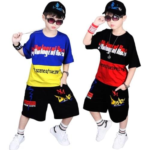 Big Boys O-neck Cotton Letters Print Color Patchwork Loose Fit T-shirts and Shorts 2PCS Clothing Sets Fashion Cool Sets