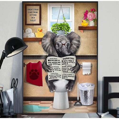Elephant Reading Newspaper Toilet Wall Art Canvas Poster Prints Funny Animal Painting Wall Pictures Bathroom Home Decor Gift
