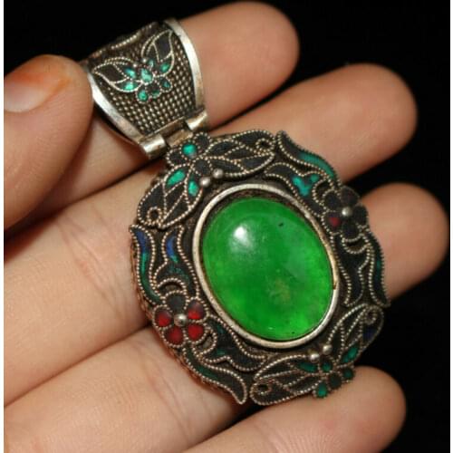 Chinese Old Craft Made Old Tibetan Silver Inlaid Green Jade Pendant