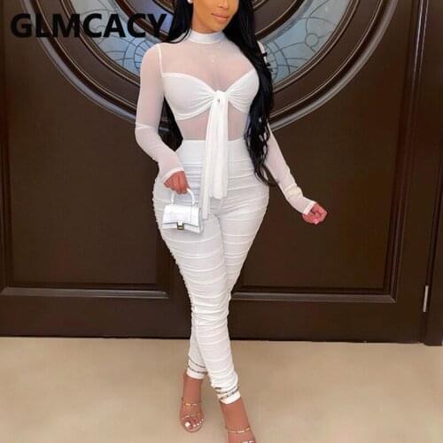 Long Sleeve Mesh Insert Jumpsuit Ruched Skinny Pants Overalls