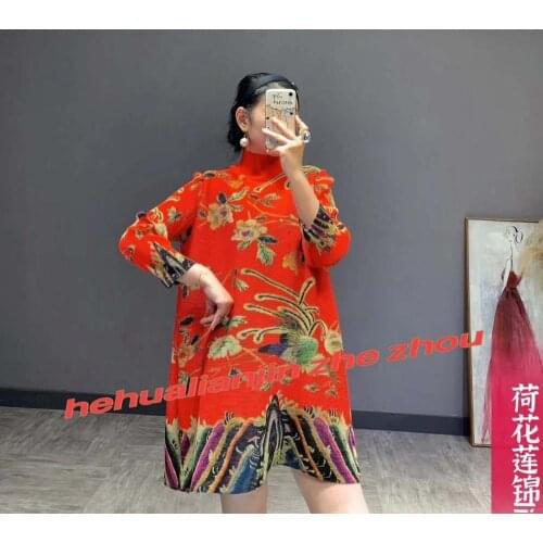 HOT SELLING Miyake fashion 7 minutes of sleeve turtleneck chinese style floral printing fold T-shirt IN STOCK