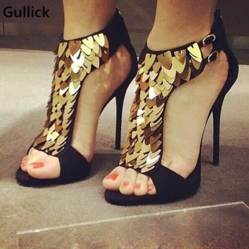 Fashionable Gold Bling Bling Paillette Embellished Summer Sandals Glittering Sequins Wedding High Heel Woman Dress Shoes