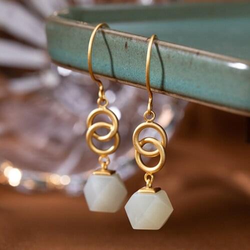 Natural 925 sterling silver gilded inlaid hetian jade white jade retro earrings jewelry simple individuality for women
