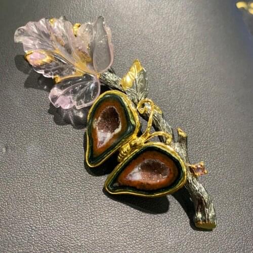 Natural agate and crystal butterfly brooch amethy leaf brooch & pendant double use fine luxury jewelry 925 sterling silver