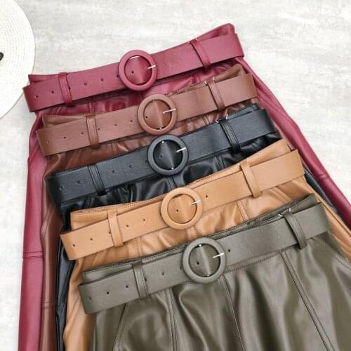 2021 autumn winter pu leather skirt With belt large swing skirts large pockets midi solid color high waist a-line umbrella skirt