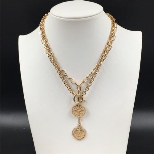 Trendy Gold Color Graphic Figure Pattern Coin Pendant Layered Necklace For Women Modern Girl T/O bar Enclosure