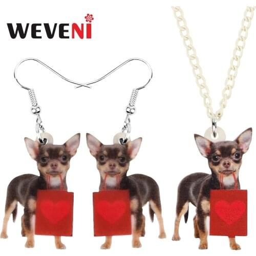 WEVENI Acrylic Valentines Day Lovely Chihuahua Dog Jewelry Sets Animal Pets Earrings Necklace For Women Lover Kids Bag Gifts