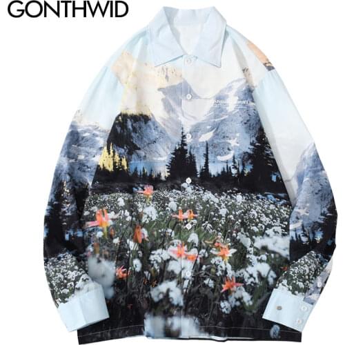 GONTHWID Mountain Flowers Landscape Print Long Sleeve Hawaiian Beach Shirts Streetwear Mens Harajuku Casual Blouse Shirt Tops