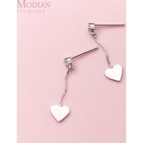 Modian Elegant New Genuine 925 Sterling Silver Simple Line Hearts Drop Earrings for Women Silver Clear CZ Dangle Jewelry Gift