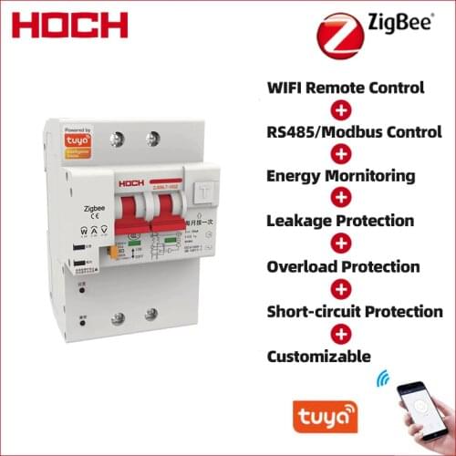 HOCH ZJSBL7 Tuya Zigbee Energy Monitoring 2P Smart RCBO Remote Control Din Rail Bluetooth Timer Automatic WIFI Breaker Factory