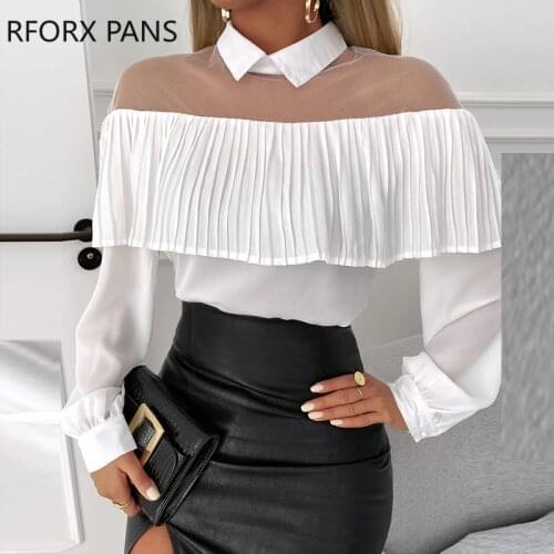 Spring Ruffles Hem Sheer Mesh Long Sleeve Top Casual Shirt Long Sleeve Blouse Women Top 2021
