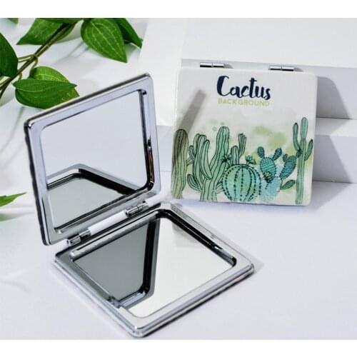 Vanity Mirror Cartoon Cactus Handhold Mirror Double Sided Magnifying Portable Compact Mirror Square Makeup Cosmetic Mirror