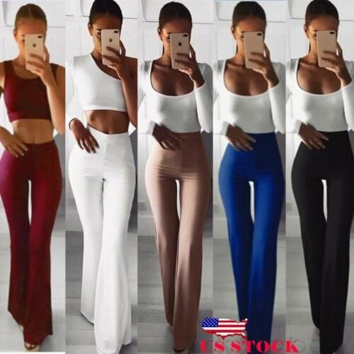 Women Pants Solid High Waist Flare Wide Leg Chic Trousers Bell Bottom Pants