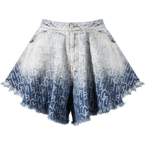 Women High Waist Jeans Shorts Wide Leg Tassels Casual Denim Shorts Pants