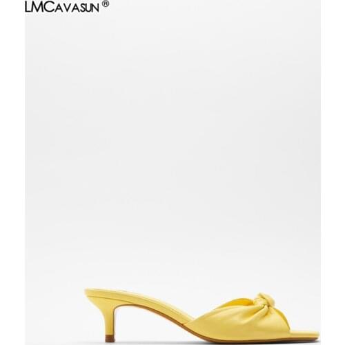 LMCAVASUN 2020 Summer New Womens Slipper Yellow Square Toe Knot Thin heel Slide Sandals Leather Sandals women Brand Shoes
