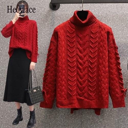 Plus size women thick winter warm knitted turtleneck sweater korean pullover red vintage long sleeve bandage twisted jumpers top