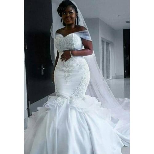 High Elegant Satin Vintage Mermaid Wedding dress 2021 with long wrap Pure White Lace Embroidery African mermaid wedding Gown