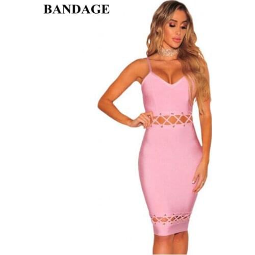 BANDAGE High Quality Pink Women Vestidos Sexy Sleeveless Hollow Out Bandage Dress Rayon Christmas Party Eve Dress