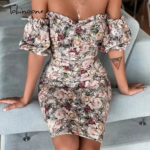 Tobinoone Floral Print Off Shoulder Mini Dress Women Ruffles Short Sleeve Sexy Dresses Backless Bodycon Slim Summer Vestido
