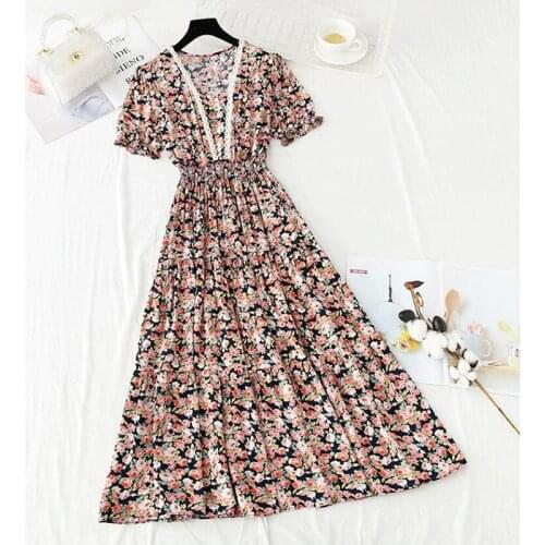 2021 Vintage Floral Dress Women Summer Elegant V Neck Cotton Linen Midi Dress Short Sleeve Slim Beach Dress Casual Vestidos