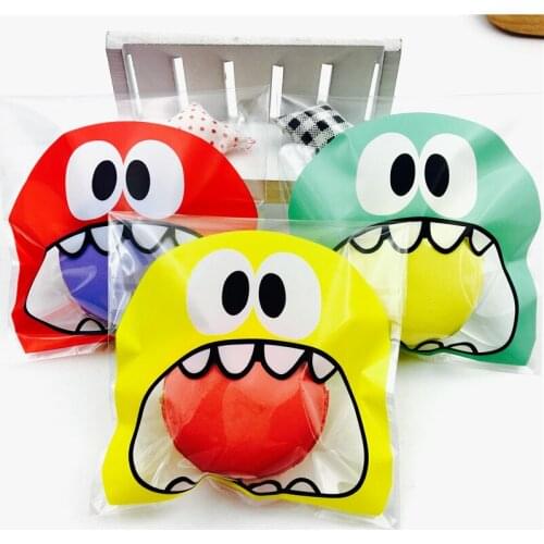 3 Colors 100pcs Cartoon Monster Cookie Candy Bag Self-Adhesive Plastic Bags Biscuits Snack Baking Package Gift Bags