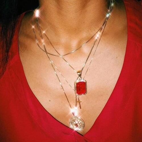 4 Pcs/Set Classic Crystal Gem Pendant Necklace for Women Fashion Cross Geometric Round Pattern Gold Chain Necklace Set Jewelry