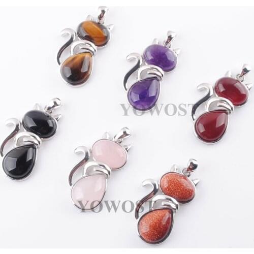 6Pcs Random Mixed Lovely Kitty Cat Animal Pendants Natural Stone Beads Tigers Eye Agates Amethysts Rose Quartzs Jewelry QBN364