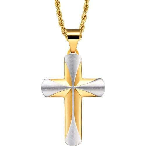 Premier Designs Jewelry Chain Religious Mens Stainless Steel Gold Color Contrast 3.8*2.5mm Cross Pendant Necklace