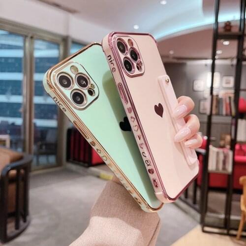 Wrist Strap Loving Plating Case For iPhone 12 11 Pro Max Mini X XR XS 7 8 Plus SE 2020 Side Frame Silicone Lens Protection Cover