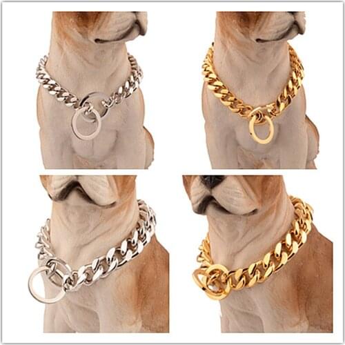 Granny Chic Top quality 12/14/16/18mm 12~34" Gold Silver color Curb Cuban Pet Link Stainless Steel Large Dog Chain Collar Pet