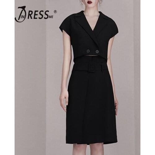INDRESSME 2019 New Sexy Sexy Short Sleeve V Neck Button Hollow Out Top With Knee Length Skirt Summer Bodycon Two Sets Wholesale