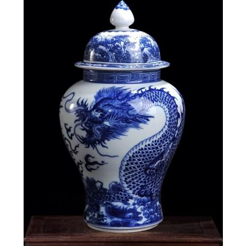 Chinese Classical Ceramic Vase Painted Dragon Decorative Blue and White Porcelain Countertop Flower Vases Living Room Decoration